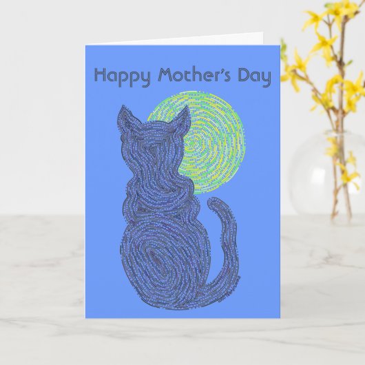 Zの黒猫及び月の幸せな母の日愛猫 カード (黄色い花)