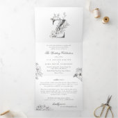 'Z'モノグラム美しいスケッチフローラ結婚's 三つ折り招待状 (内部)