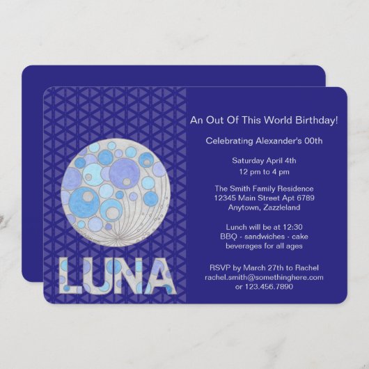 Zルナ満月の青および紫色の宇宙のギーク 招待状 (正面/裏面)