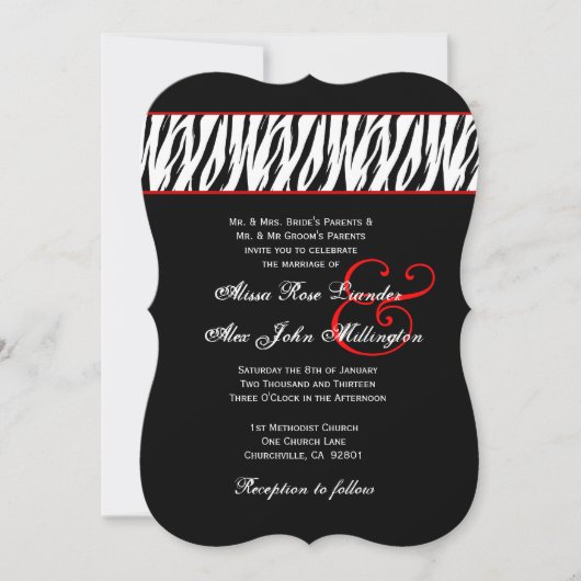 Z002Aを結婚する白黒のシマウマの赤いアクセント 招待状 (正面)