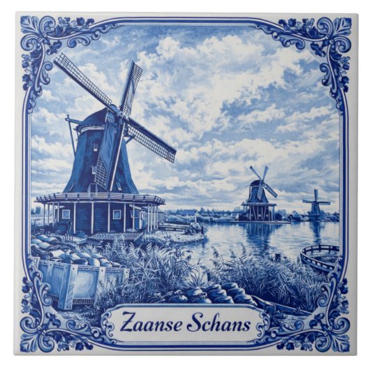 Zaanse Schans Delft Blue style ceramic tile タイル (正面)