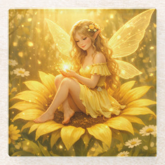 Zarte Elfe auf einer Sonnenblume ガラスコースター