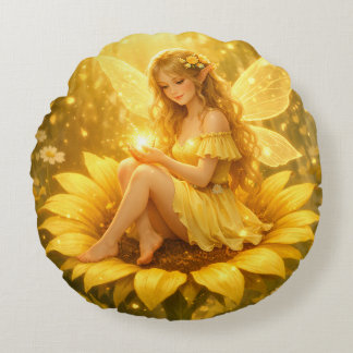 Zarte Elfe auf einer Sonnenblume ラウンドクッション