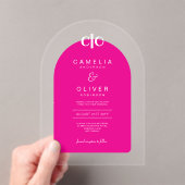 Zazzleアクリル結婚のホットピンクホワイトテキストアーチ アクリル招待状 (インサイチュ (ポータブル))