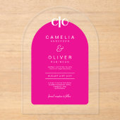 Zazzleアクリル結婚のホットピンクホワイトテキストアーチ アクリル招待状 (正面)