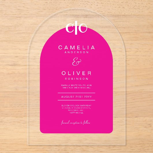 Zazzleアクリル結婚のホットピンクホワイトテキストアーチ アクリル招待状 (正面)