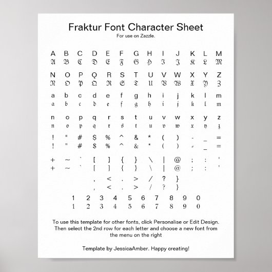 Zazzle用のFrakturフォント文字シート ポスター (正面)