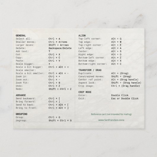 Zazzle Designer Keyboard Shortcuts Reference Card ポストカード (裏面)
