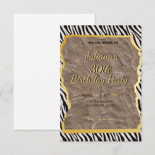 Zebra印刷の誕生日の招待 招待状 (正面/裏面)