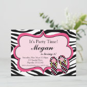 Zebra印刷フリップフロップ誕生日パーティーの招待 招待状 (スタンド正面)