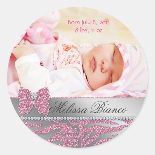 Zebra Cute Bow Baby Girl Announcementシール ラウンドシール (正面)