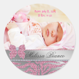 Zebra Cute Bow Baby Girl Announcementシール ラウンドシール