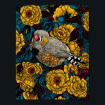 Zebra finch and rose bush ポスター<br><div class="desc">Vector illustration of a zebra finch on a rose bush,  based on my ink drawing.</div>