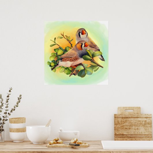 Zebra finch realistic painting ポスター (キッチン)