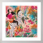Zebra & girl明るいピンクの熱帯ジャングルのポスター ポスター (正面)