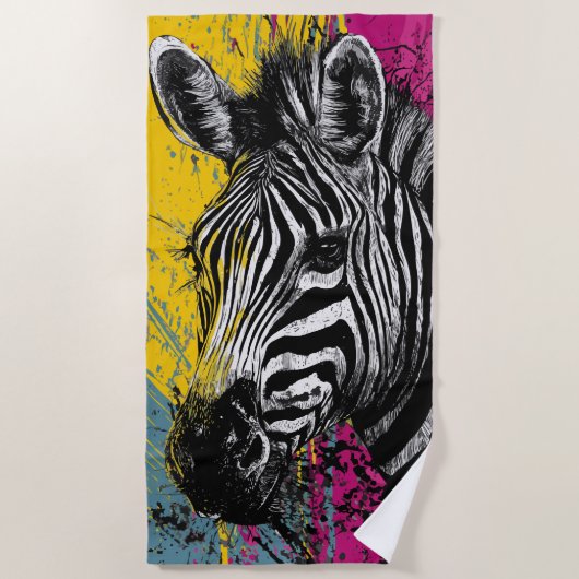 Zebra Graffiti Pop Art Portrait Illustration ビーチタオル (正面)
