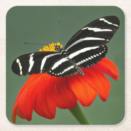 Zebra Longwing on Red Flower スクエアペーパーコースター