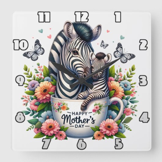 Zebra Mom:花、母の日 スクエア壁時計 (正面)