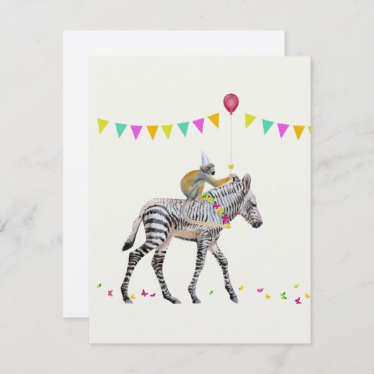 Zebra Monkey balloon party Antwoordkaart 出欠カード (正面/裏面)