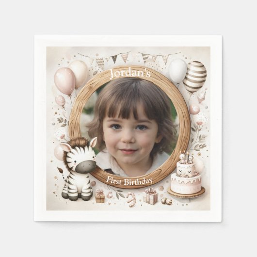 Zebra Photo Frameの子供へ誕生日パーティー スタンダードカクテルナプキン (正面)