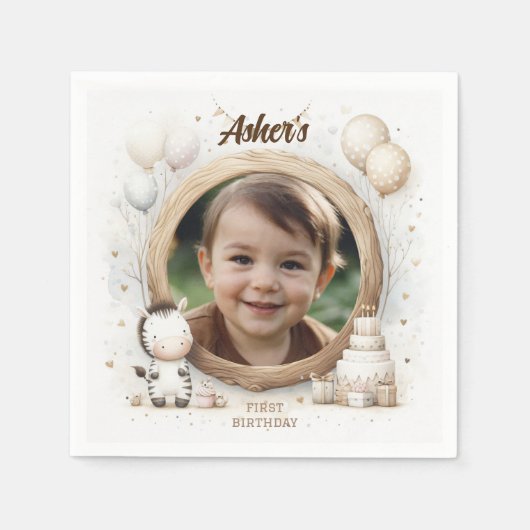 Zebra Photo Frameの子供へ誕生日パーティー スタンダードカクテルナプキン (正面)