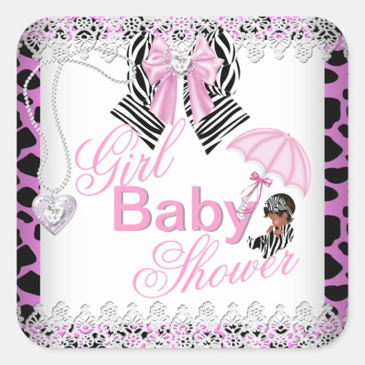 Zebra Pink Girl Baby Shower African American スクエアシール (正面)