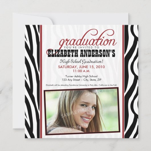 Zebra Print Graduation Announcement (red) 招待状 (正面)