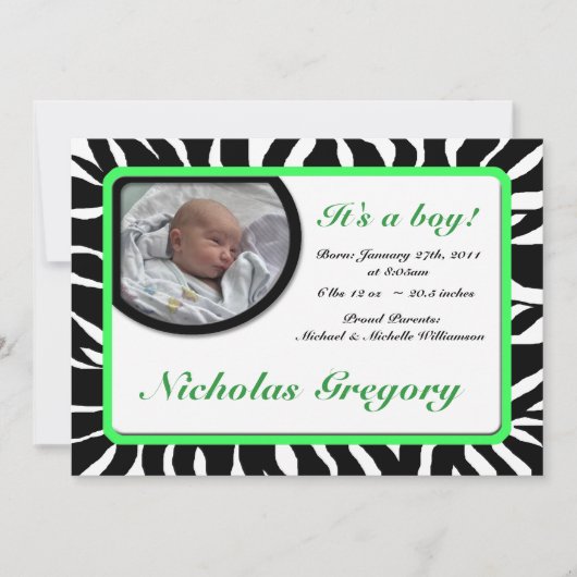 Zebra Print Green Birth Announcements 案内状 (正面)
