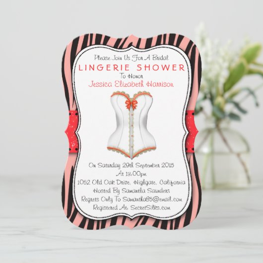 Zebra Print Lingerie Showerの赤と白のコルセット 招待状 (スタンド正面)