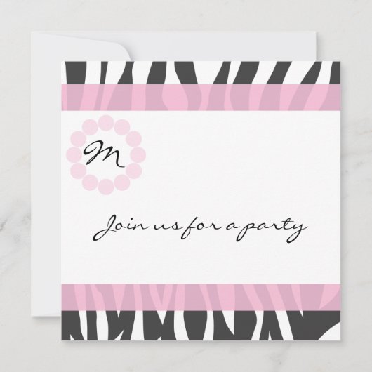 Zebra Print Monogram Birthday Party Invitation（ゼブラ 招待状 (正面)