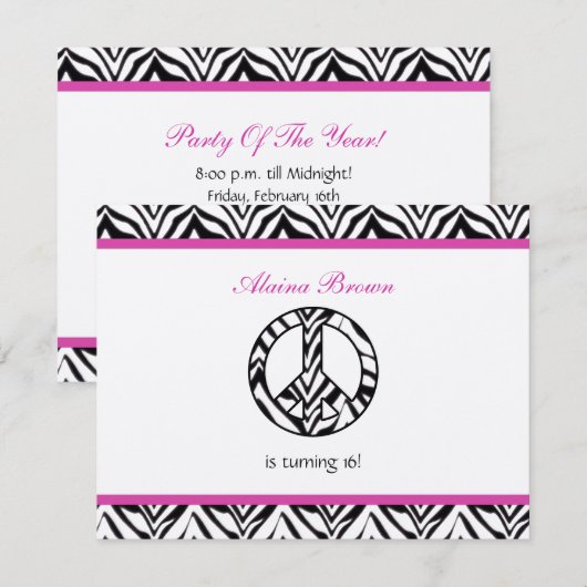 Zebra Print Peace Sign Birthday Party Invitation 招待状 (正面/裏面)