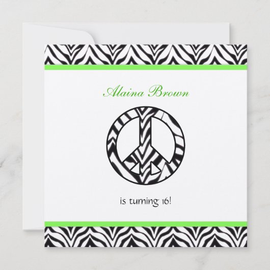 Zebra Print Peace Sign Birthday Party Invitation 招待状 (正面)