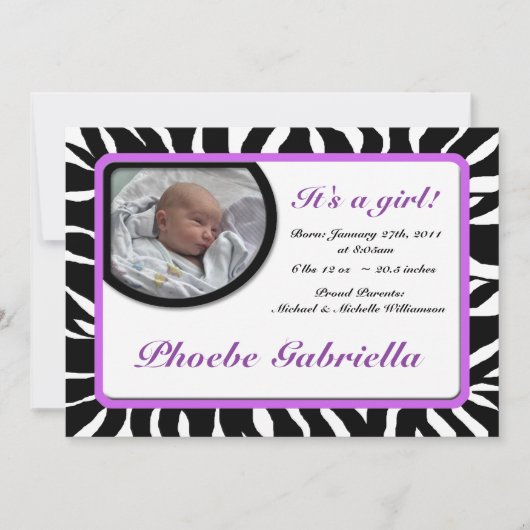 Zebra Print Purple Birth Announcements 案内状 (正面)