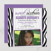 Zebra Print Sweet 16 Party Invitation (purple) 招待状 (正面/裏面)