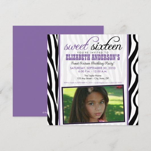 Zebra Print Sweet 16 Party Invitation (purple) 招待状 (正面/裏面)