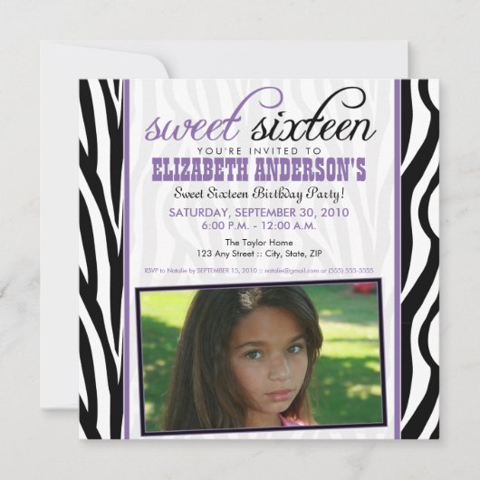 Zebra Print Sweet 16 Party Invitation (purple) 招待状 (正面)