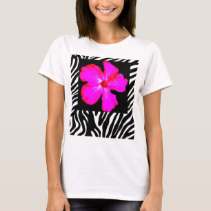 Zebra Print Tシャツのホットピンクハイビスカス Tシャツ