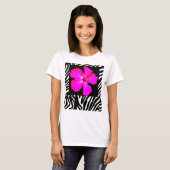Zebra Print Tシャツのホットピンクハイビスカス Tシャツ (正面フル)