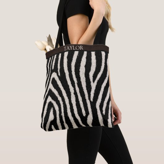 Zebra Print Tote Bag with Custom Name トートバッグ (クローズアップ)