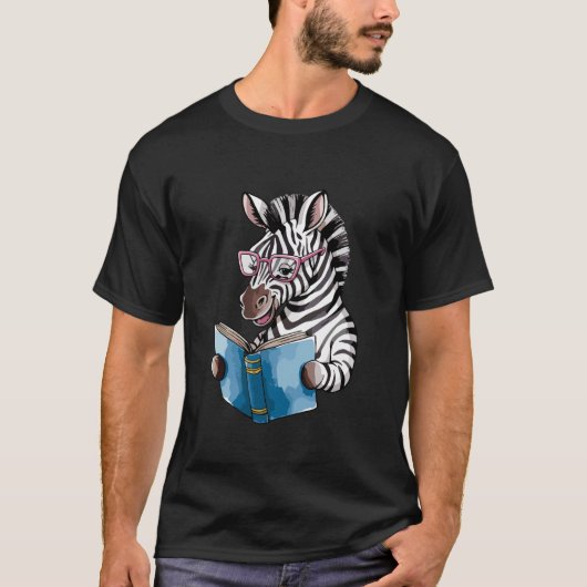 Zebra Reading Book Glasses Illustration Tシャツ (正面)