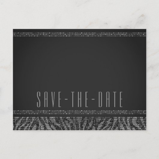 Zebra Sparkle Silver & Black Glam Save the Date 案内ポストカード (正面)