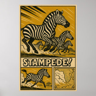 Zebra Stampede Retro Safari Art ポスター