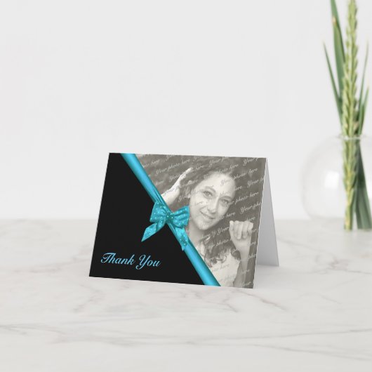 Zebra Stripesとリボン写真と一緒にメモ サンキューカード (正面)