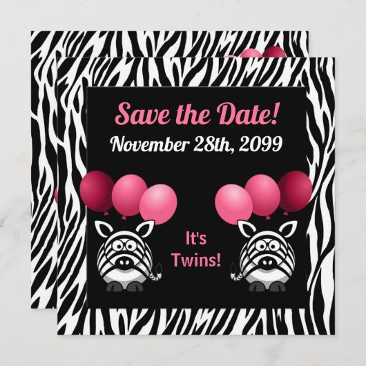 Zebra Twin Girls赤ちゃんシャワー日付を保存 セーブザデート (正面/裏面)