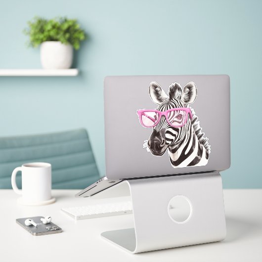 Zebra with Pink Glasses Custom-Cut Vinyl Sticker シール (デスク上のノートパソコン)
