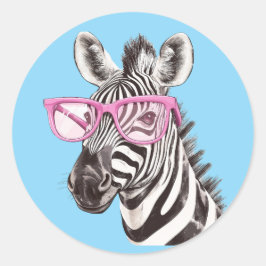 Zebra with Pink Glasses Sticker Blue Background ラウンドシール