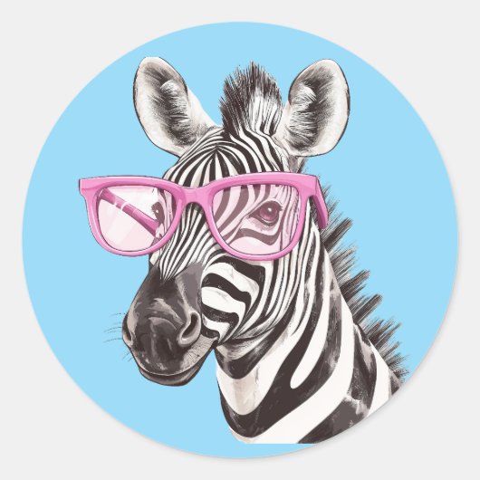Zebra with Pink Glasses Sticker Blue Background ラウンドシール (正面)