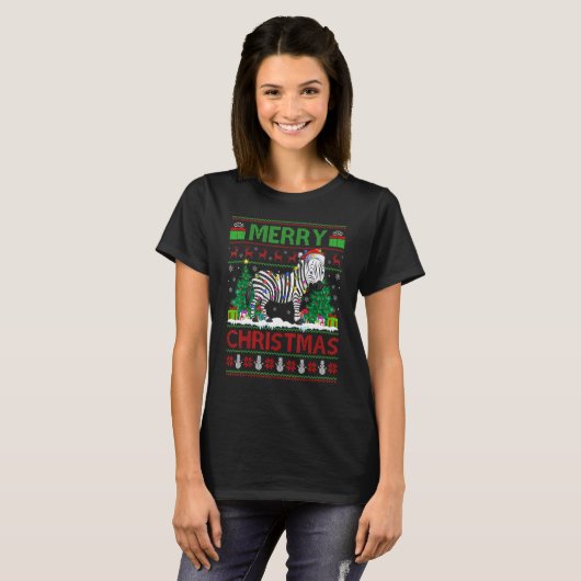 Zebra Xmas Tree Lights Ugly Santa Zebra Christma Tシャツ (正面フル)