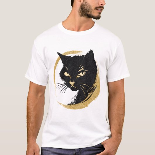 Zen Black Cat Gold Enso Minimalist Art Poster. Tシャツ (正面)