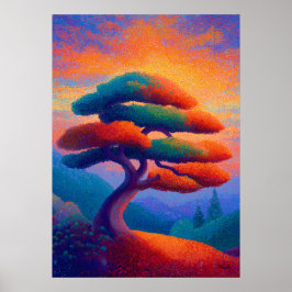 Zen Bonsai Tree Pointillism Landscape Art ポスター